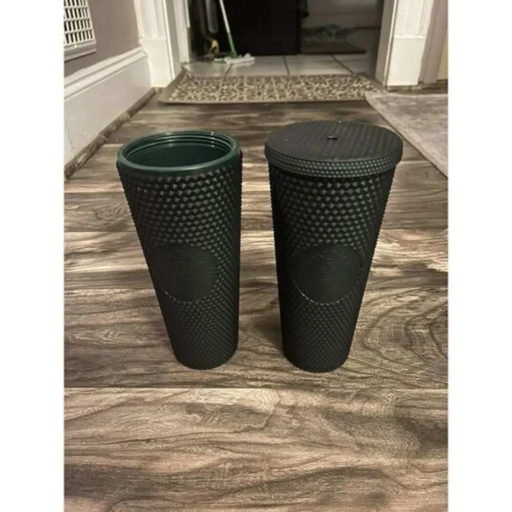 Bundle Starbucks 2022 Studded Matte Dark Green 24oz Tumbler Cold Cup Venti 1 Lid